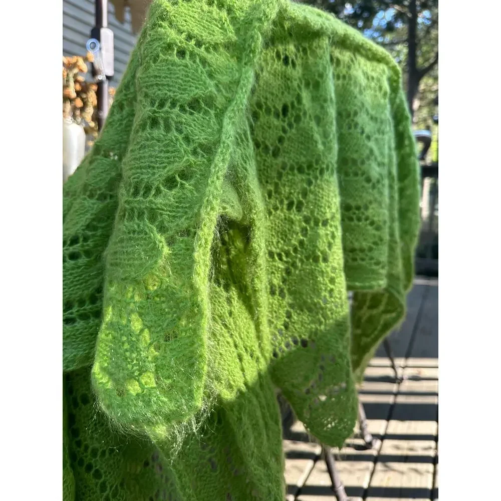 Mohair Wool Crochet Blanket lime green Hand Made Diamond Knit Throw 44x90” shawl